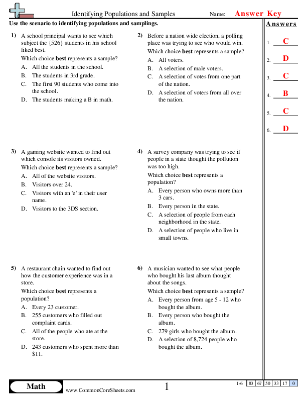  - Identifying Populations and Samples worksheet
